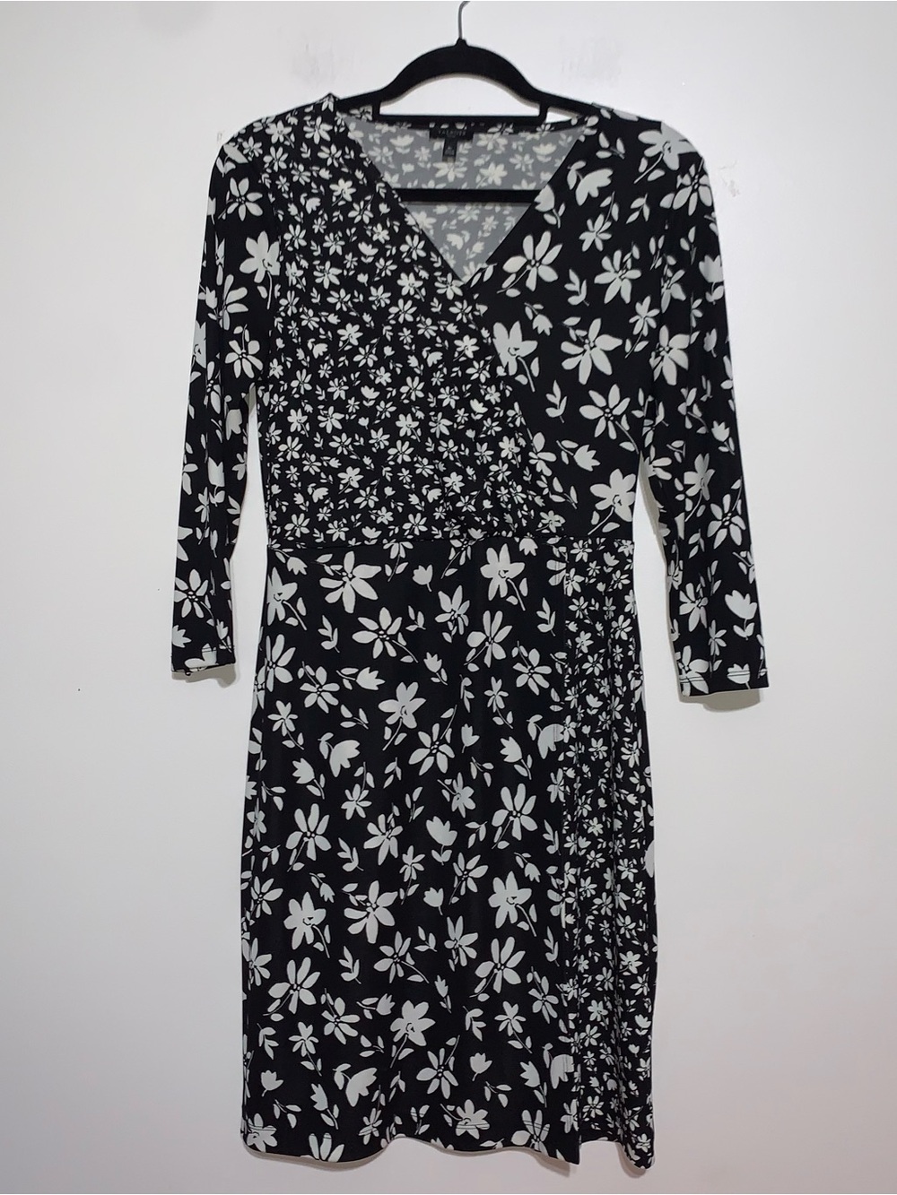 Talbots Black and White Floral Long Sleeve Wrap-Style Dress